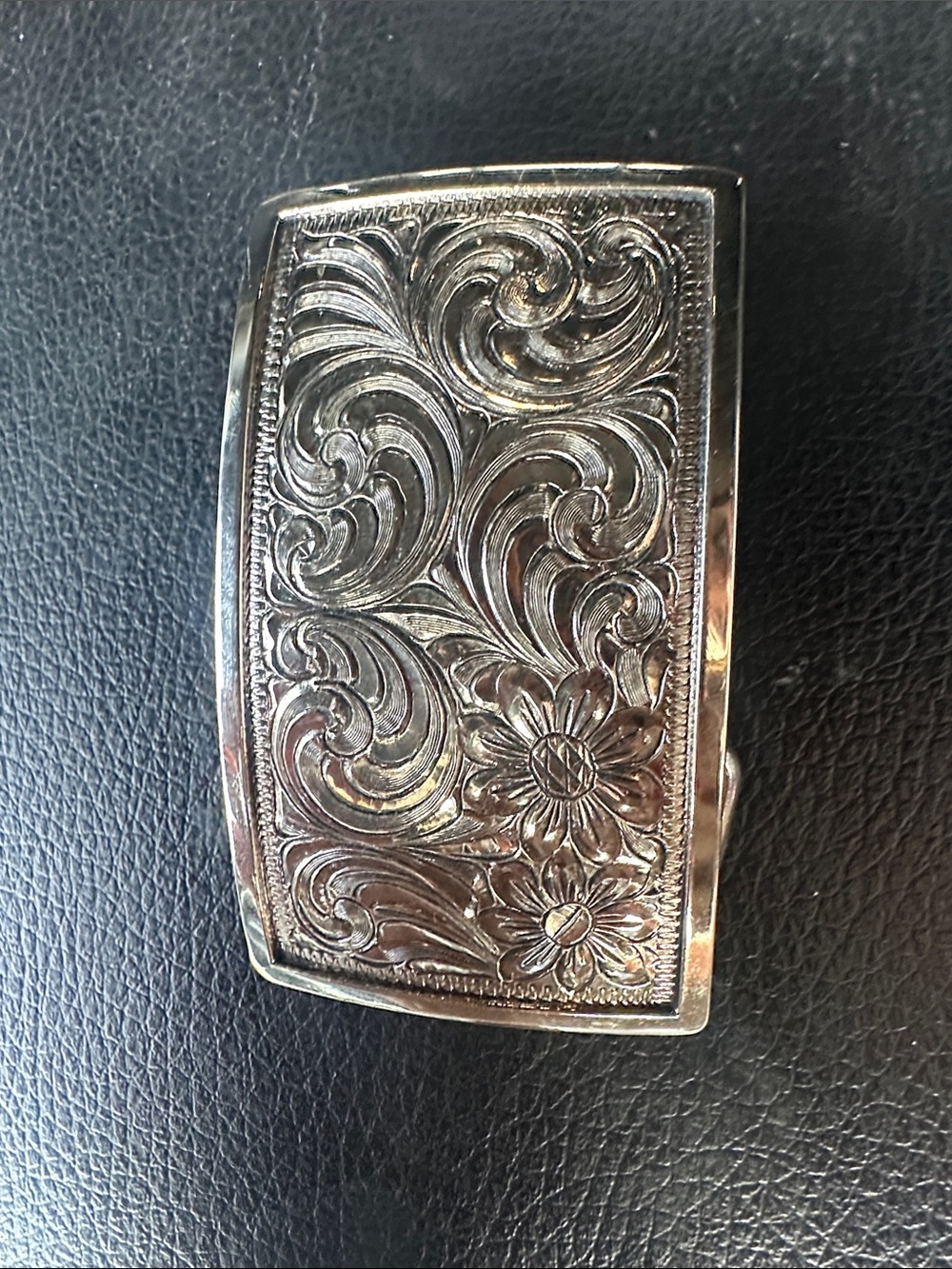 Custom Floral Engraved Metal Belt Buckle - Silver